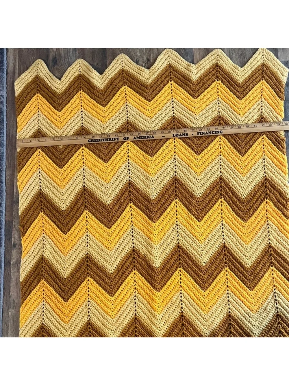 handmade vintage crochet afghan blanket with a chevron pattern brown and gold